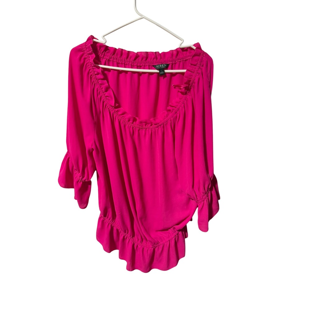 Lauren Ralph Size Large Hot Pink Ruffle Off Shoulder Peasant Blouse Top
